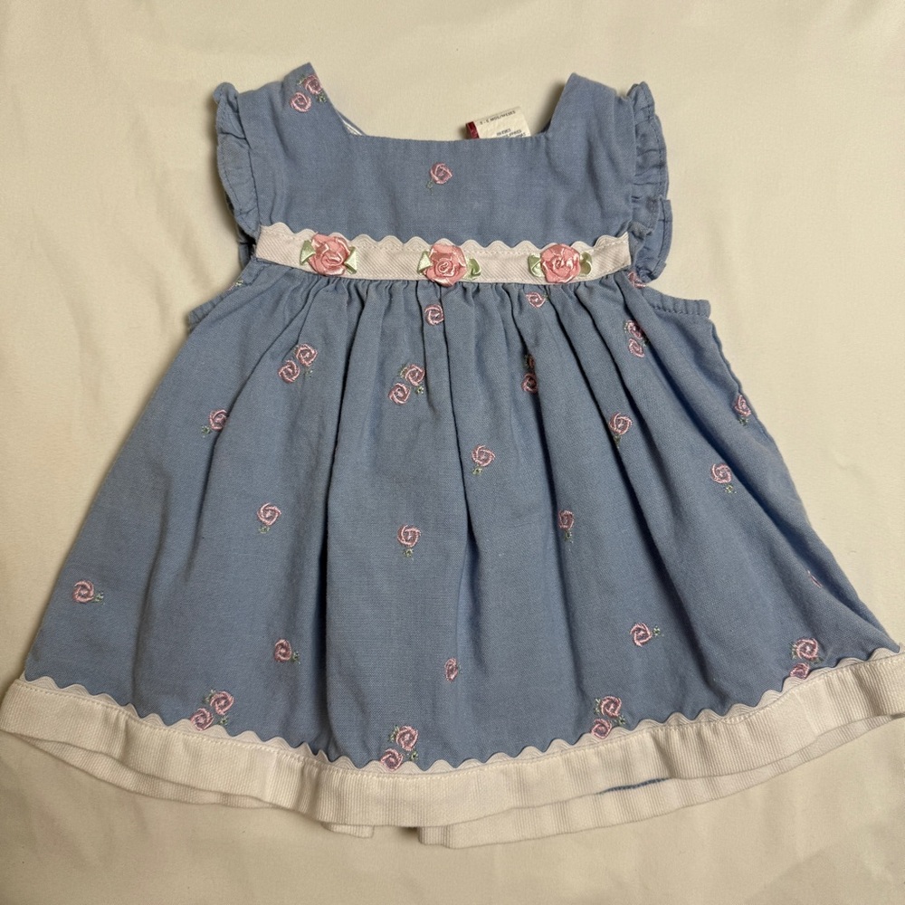 Little Bitty Vintage Blue Dress with Pink Floral Embroidery and Rosettes 3-6M